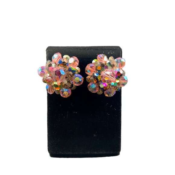 Vintage Pink and Topaz Aurora Borealis Clip Clusters Earrings Gold Tone Setting - Picture 1 of 8